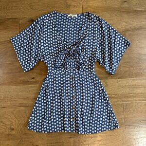 Rip Curl Blue White Ditsy Floral Tie Front Button Front Mini Dress Size S